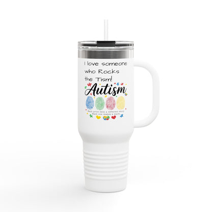 Autism Support 40oz Insulated Travel Mug — "I Love Someone Who Rocks the Spectrum" - Geo Rocks The 'Tism