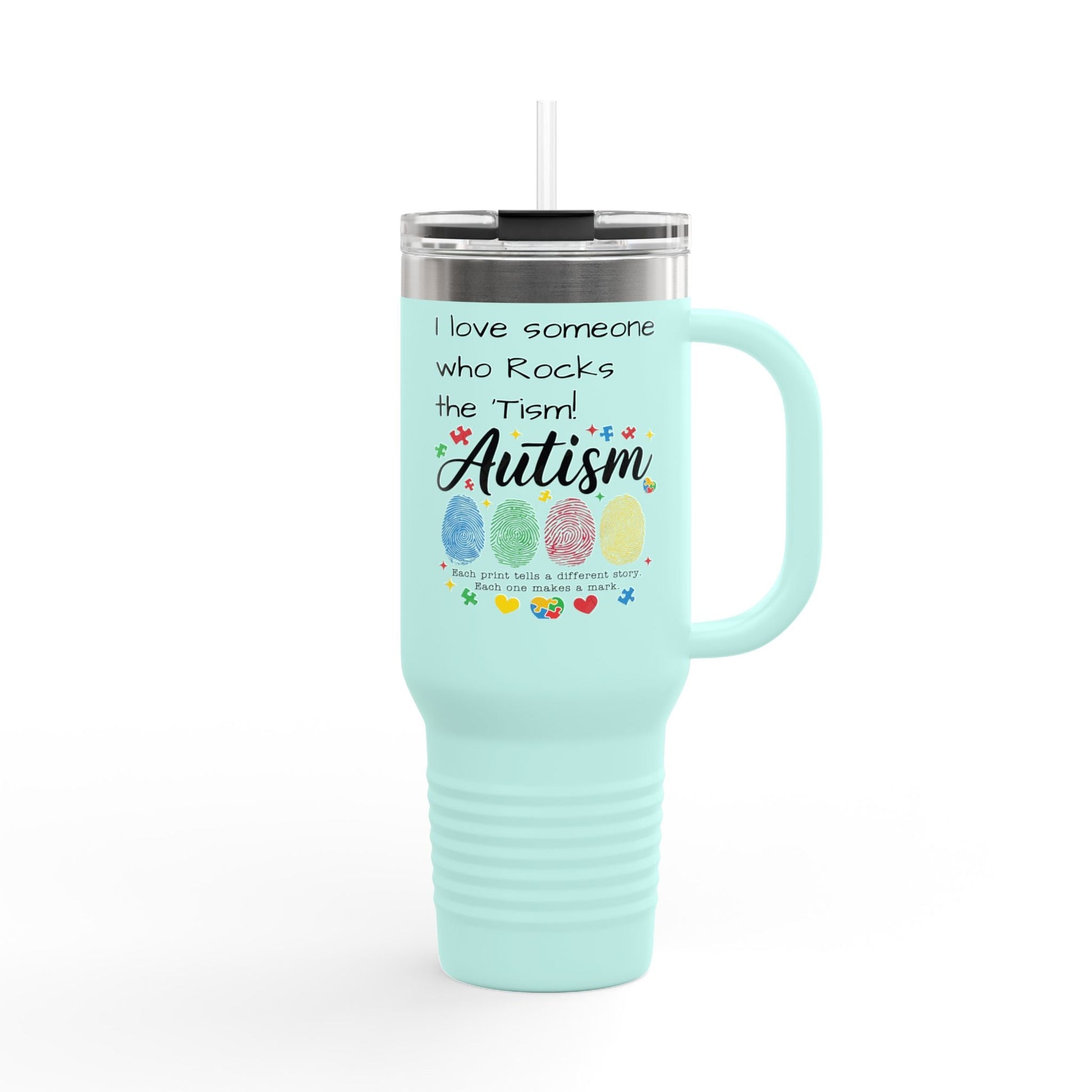 Autism Support 40oz Insulated Travel Mug — "I Love Someone Who Rocks the Spectrum" - Geo Rocks The 'Tism