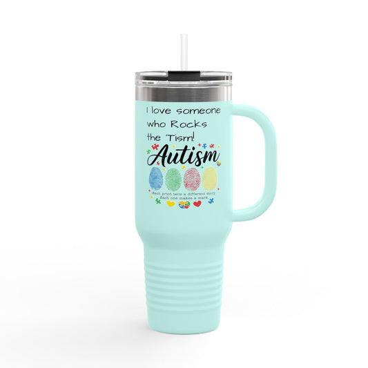 Autism Support 40oz Insulated Travel Mug — "I Love Someone Who Rocks the Spectrum" - Geo Rocks The 'Tism