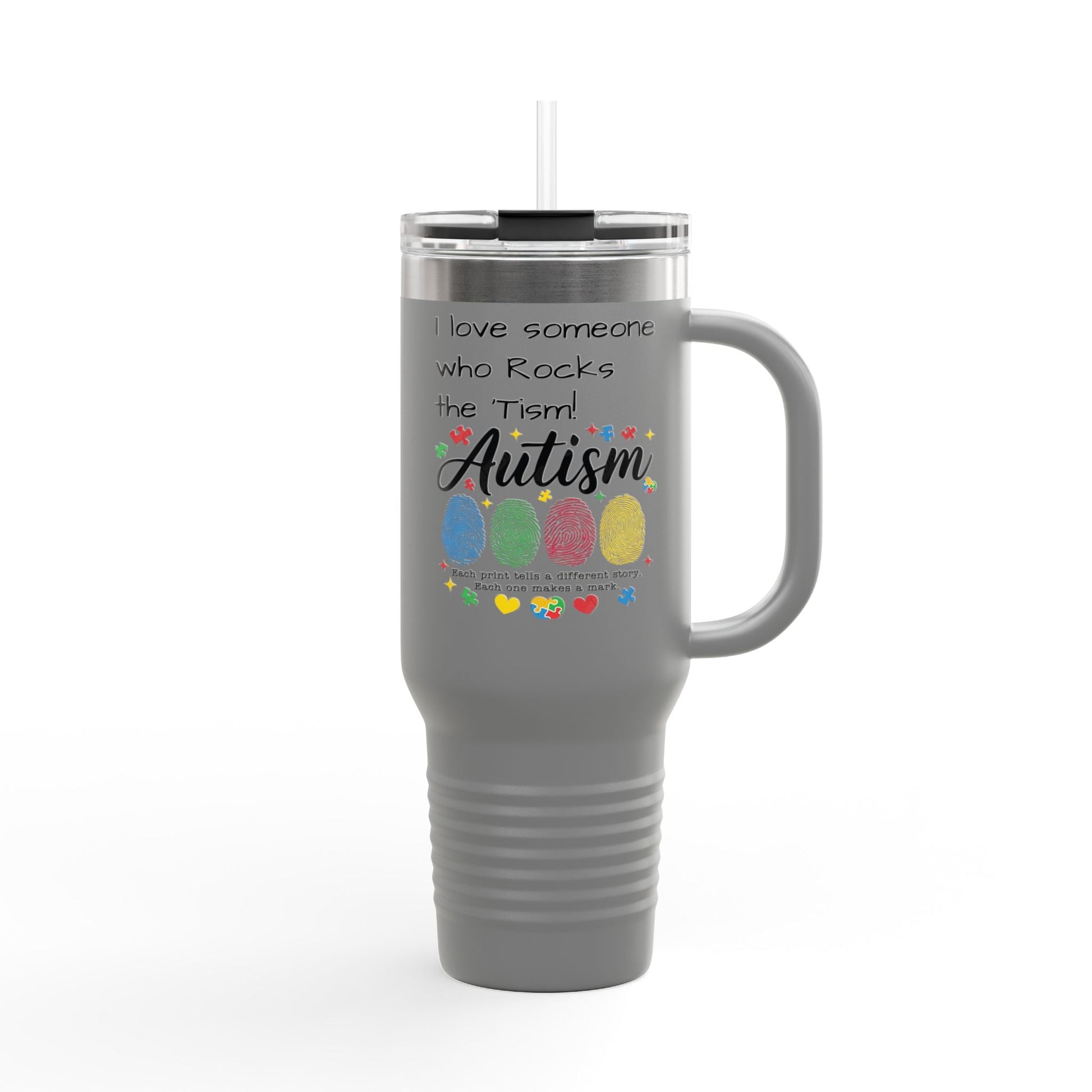 Autism Support 40oz Insulated Travel Mug — "I Love Someone Who Rocks the Spectrum" - Geo Rocks The 'Tism