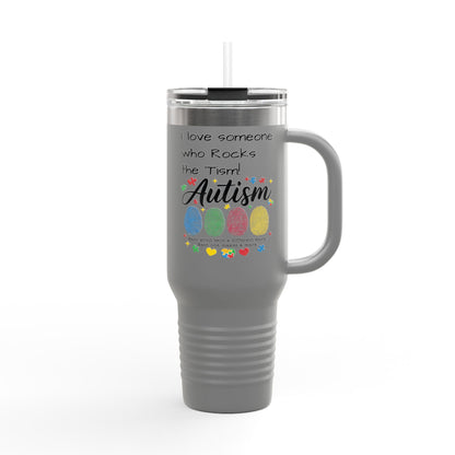 Autism Support 40oz Insulated Travel Mug — "I Love Someone Who Rocks the Spectrum" - Geo Rocks The 'Tism