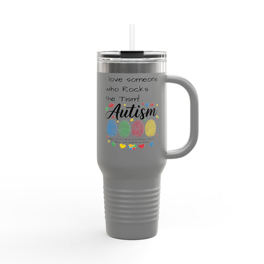 Autism Support 40oz Insulated Travel Mug — "I Love Someone Who Rocks the Spectrum" - Geo Rocks The 'Tism
