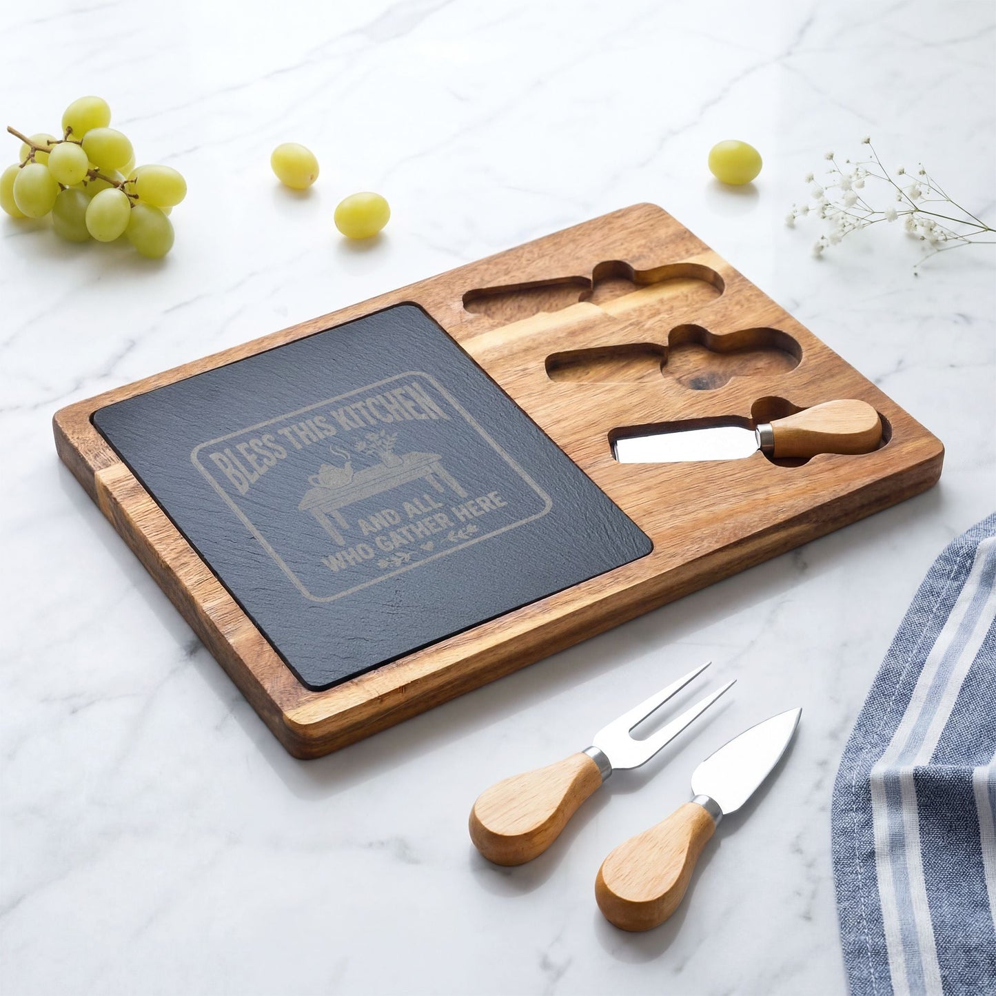 Engraved Charcuterie Board Set – "Bless This Kitchen and All Who Gather Here" - Geo Rocks The 'Tism