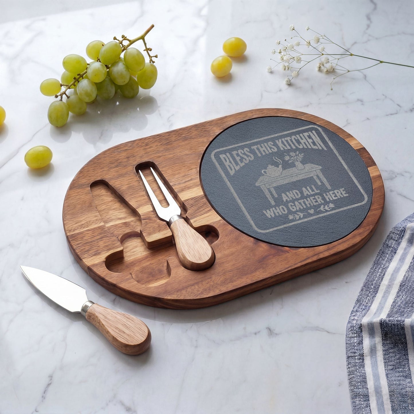 Engraved Charcuterie Board Set – "Bless This Kitchen and All Who Gather Here" - Geo Rocks The 'Tism