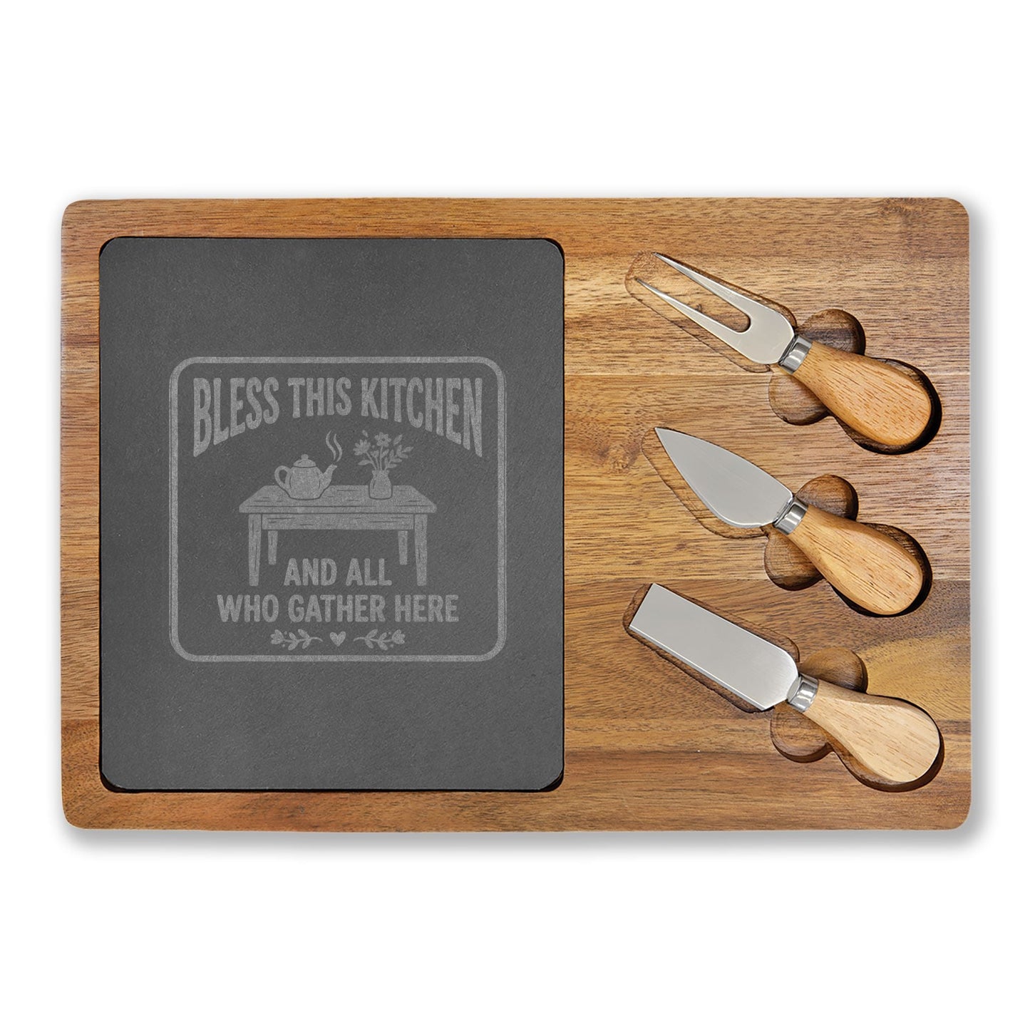 Engraved Charcuterie Board Set – "Bless This Kitchen and All Who Gather Here" - Geo Rocks The 'Tism