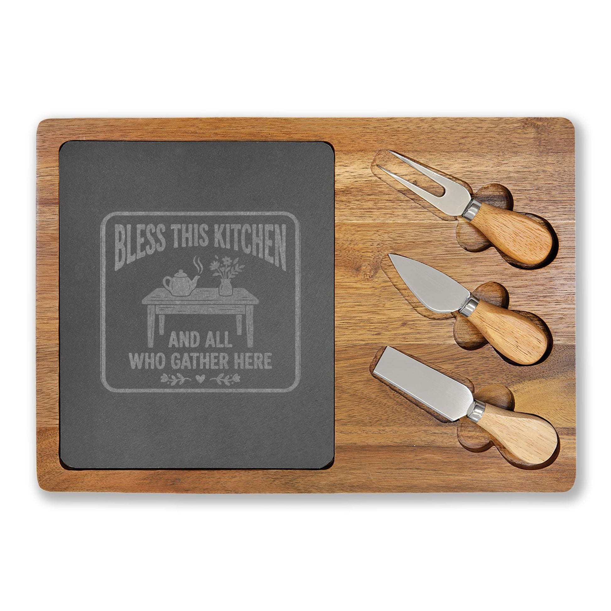 Engraved Charcuterie Board Set – "Bless This Kitchen and All Who Gather Here" - Geo Rocks The 'Tism