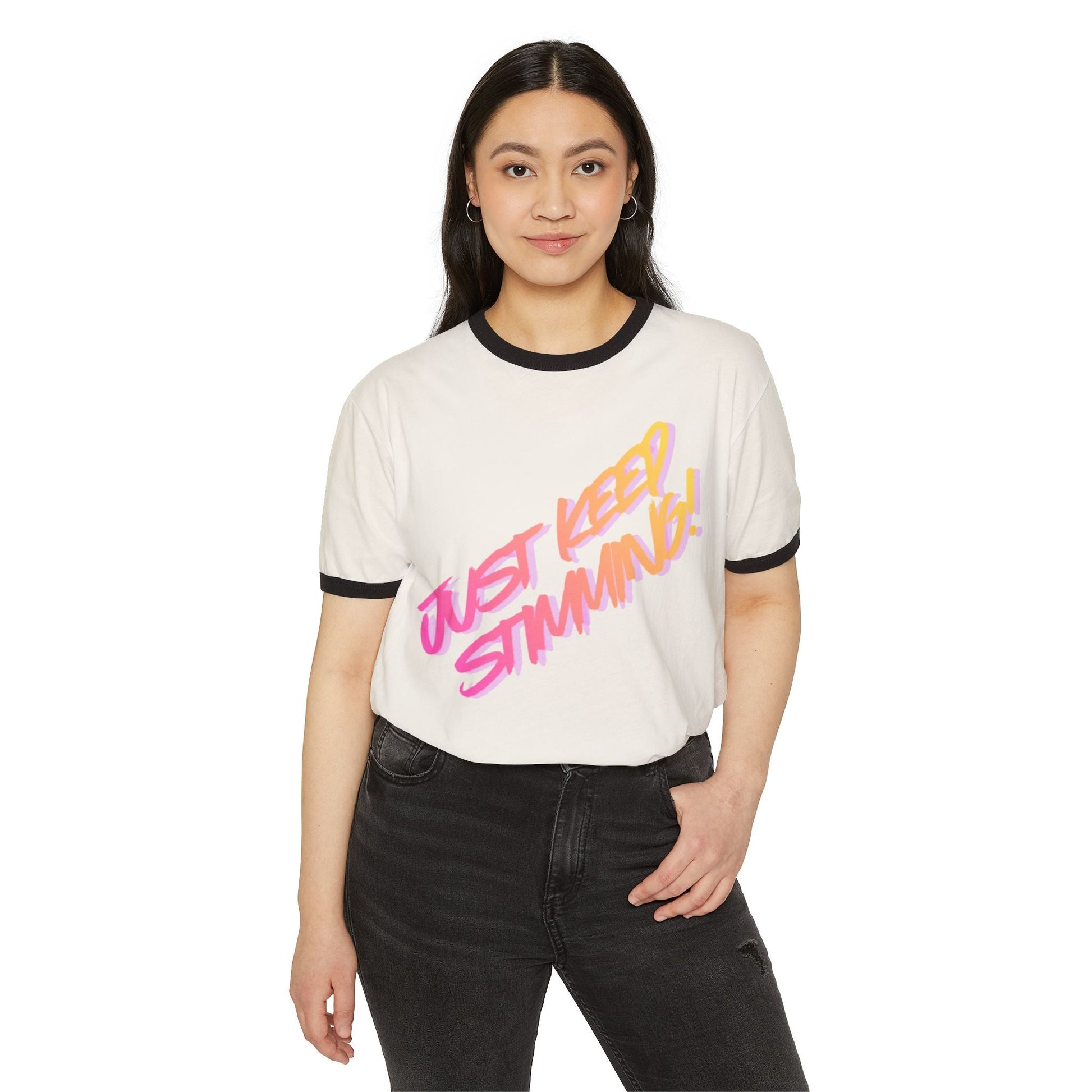 "Just Keep Stimming" Retro Ringer T-Shirt - Autism Awareness Unisex Tee | Sizes XS–3XL - Geo Rocks The 'Tism