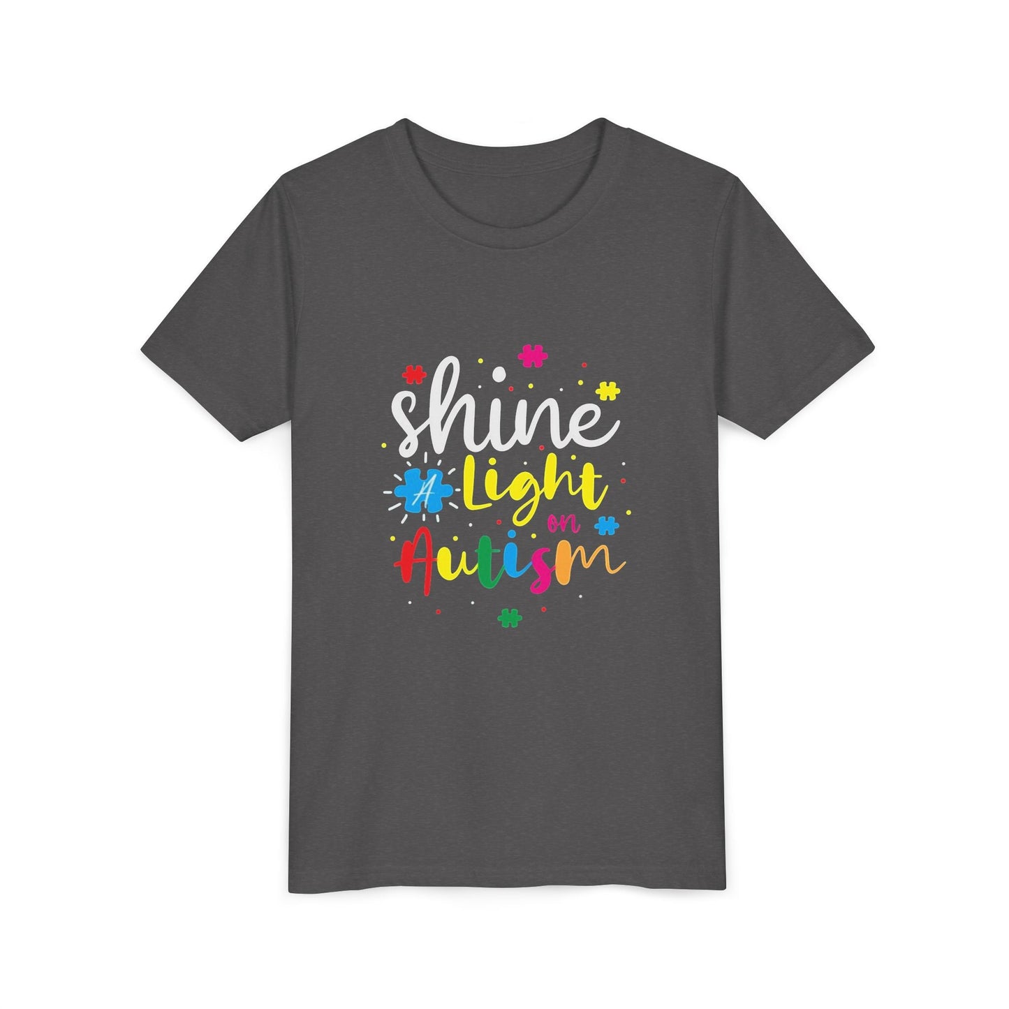 Youth Tee - "Light Up Autism" Colorful Puzzle Piece Awareness Shirt - Geo Rocks The 'Tism