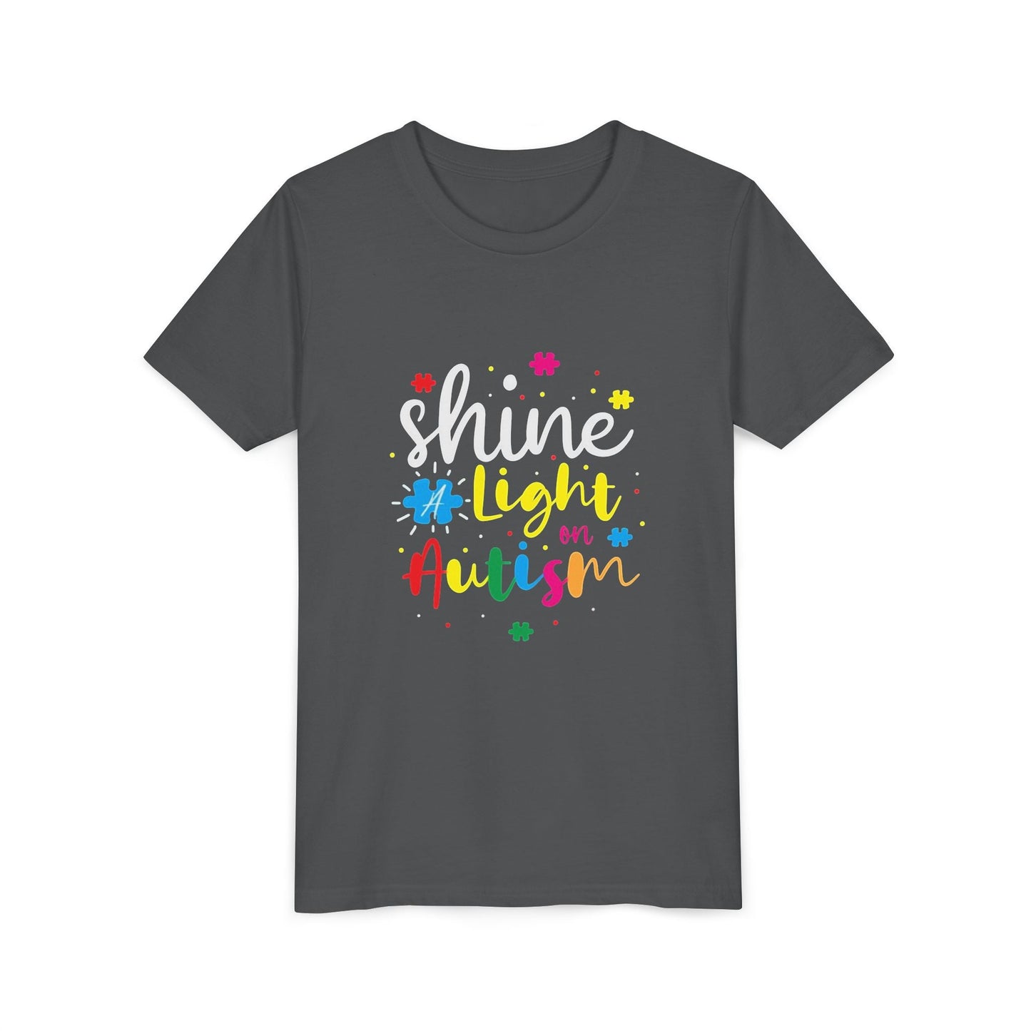 Youth Tee - "Light Up Autism" Colorful Puzzle Piece Awareness Shirt - Geo Rocks The 'Tism