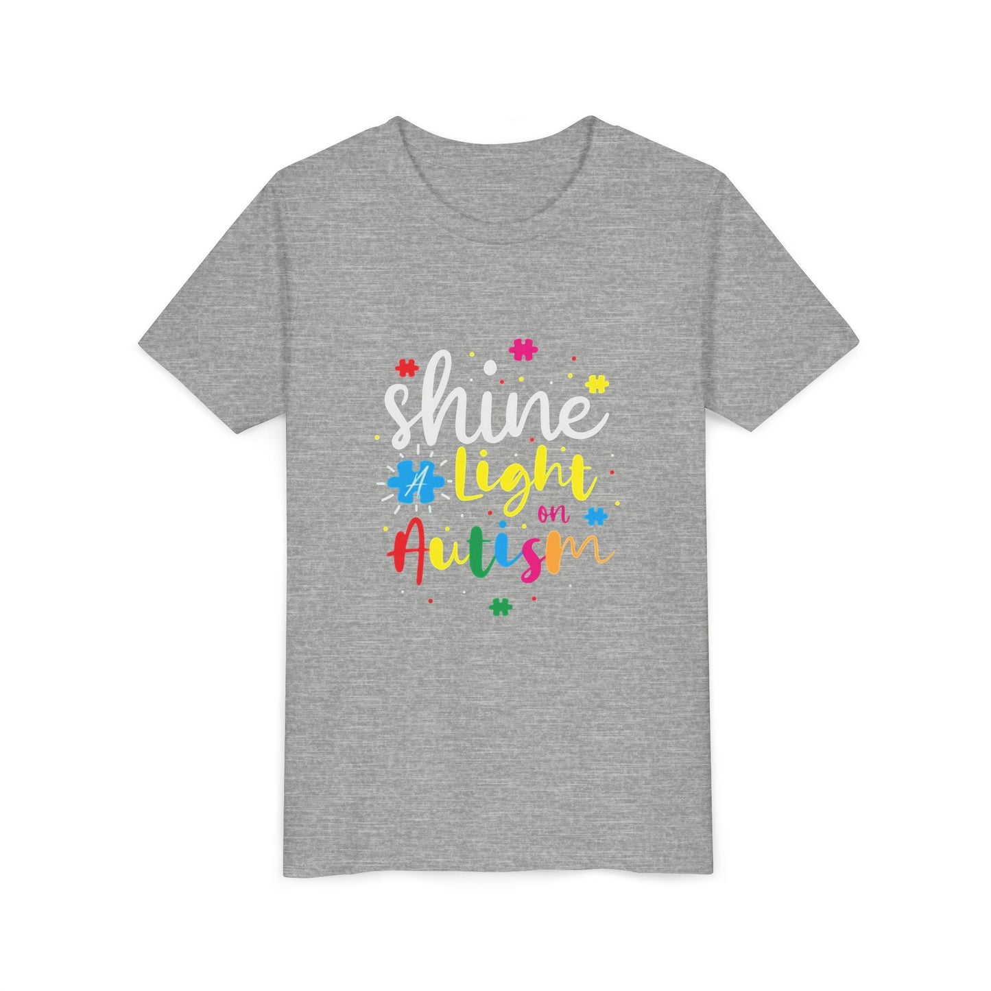Youth Tee - "Light Up Autism" Colorful Puzzle Piece Awareness Shirt - Geo Rocks The 'Tism