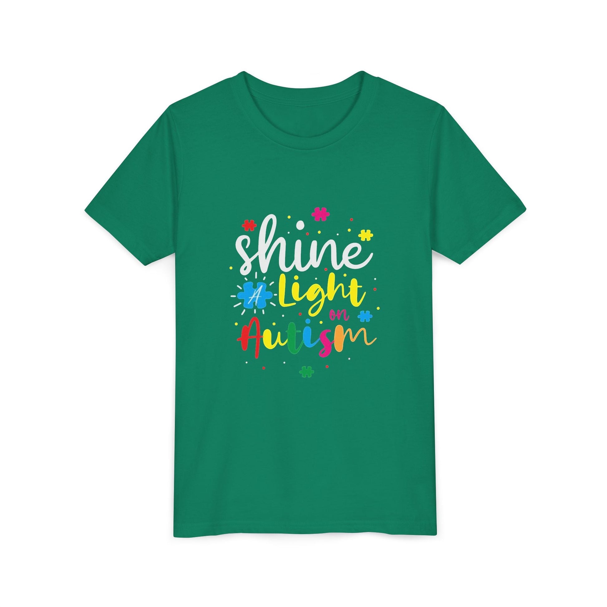 Youth Tee - "Light Up Autism" Colorful Puzzle Piece Awareness Shirt - Geo Rocks The 'Tism