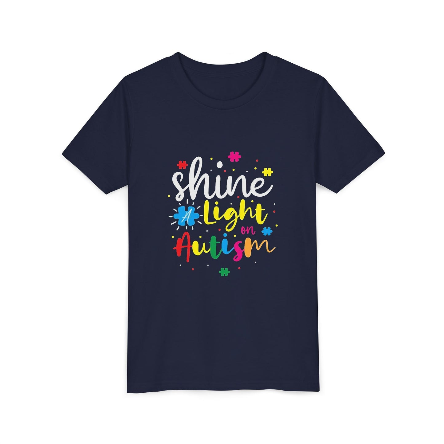 Youth Tee - "Light Up Autism" Colorful Puzzle Piece Awareness Shirt - Geo Rocks The 'Tism